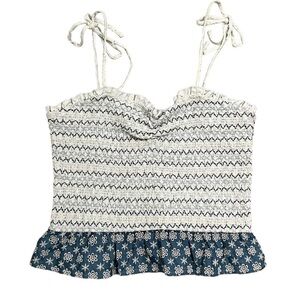 Storia Smocked Top with Eyelet Ruffle Waist and Tie Shoulders 100% Cotton